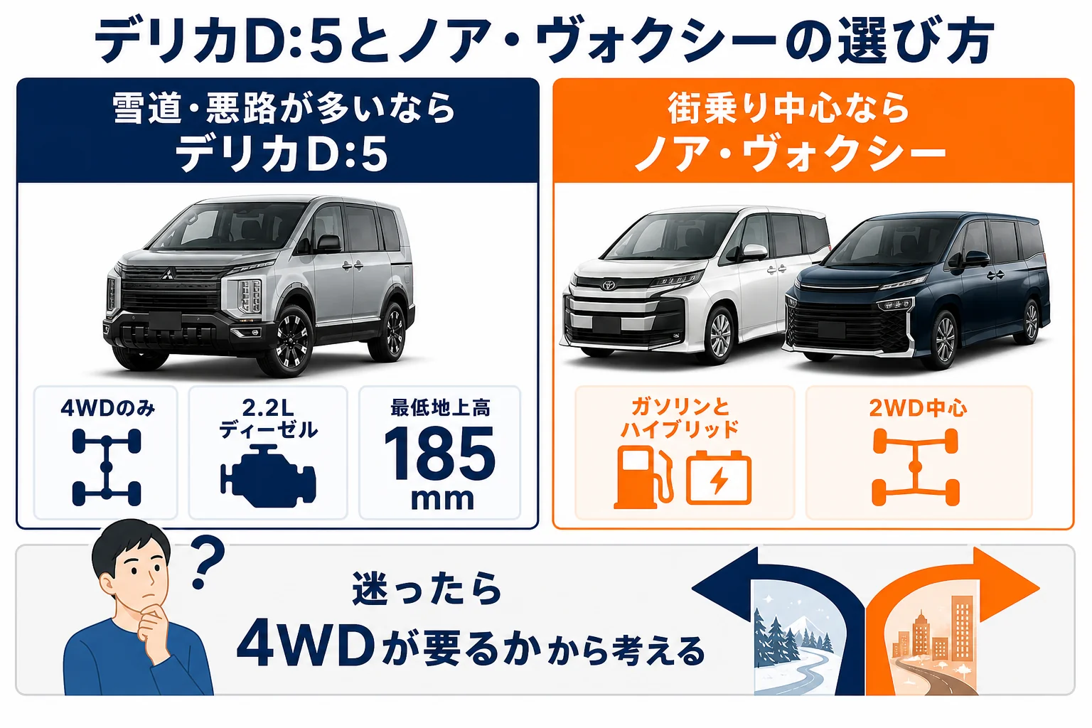 デリカD:5とノア・ヴォクシーの向いている使い方を比べた図解