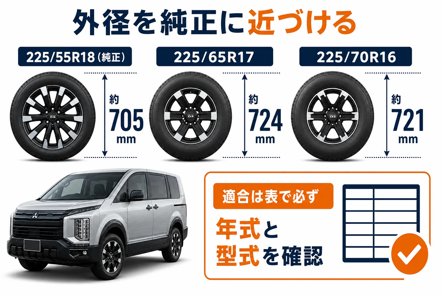 18インチ・17インチ・16インチのタイヤ外径の計算値を比べた図